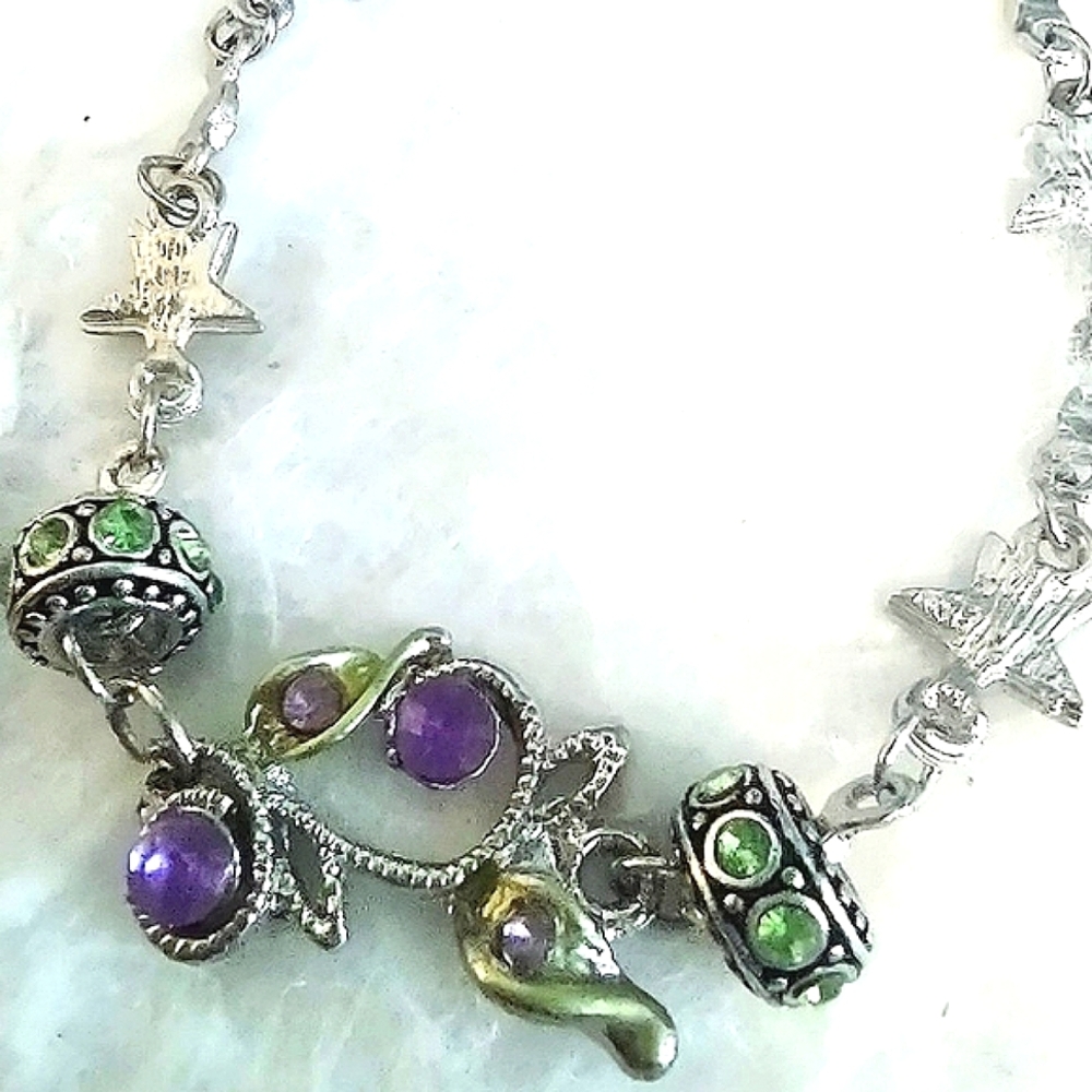 Silvertone Floral Bracelet Peridot Crystal Spacer Beads